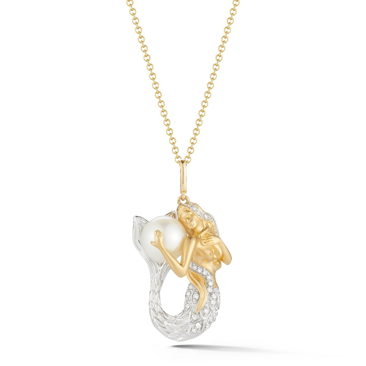 14K TWO TONE MERMAID PENDANT HOLDING AN 8MM FRESH WATER PEARL WITH 0.15CT DIAMONDS ON THE TAIL ON 18 INCHES CABLE CHAIN