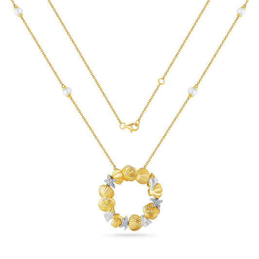 CIRCLE OF LIFE NECKLACE WITH 4 CULTURED PEARLS & 42 DIAMONDS 0.17CT 30MM LONG X 30MM WIDE ON 18 INCHES CHAIN
