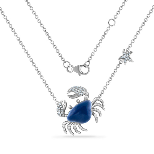 14K CRAB NECKLACE WITH 44 DIAMONDS 0.15CT & BLUE ENAMEL 18MM LONG X 24MM WIDE ON 18 INCHES CHAIN