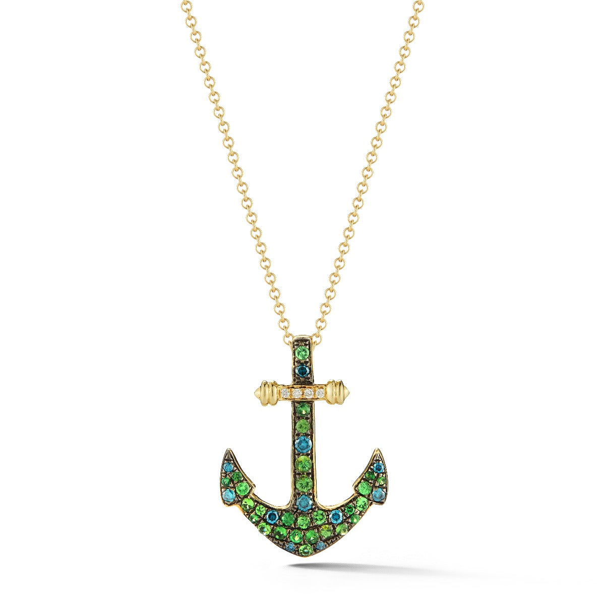 OUR OWN ORIGINAL ANCHOR IN 14K WARM YELLOW GOLD. SET WITH A  COMBINATION OF  TSAVORITES, BLUE DIAMONDS AND WHITE DIAMONDS 1 ON 18 INCHES CHAIN