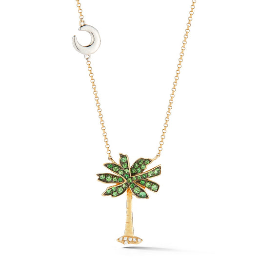14KY PALMETTO TREE NECKLACE WITH 6 DIAMONDS 0.03CT & 34 GREEN GARNET 0.44CT, SMALL MOON DETAIL ON 18 INCHES CHAIN