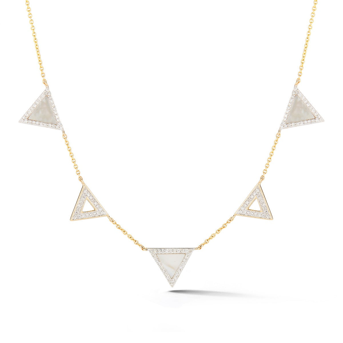 Trendy triangle necklace . Combines diamonds T.W 0.44ct along with M.O.P on 18 inches chain