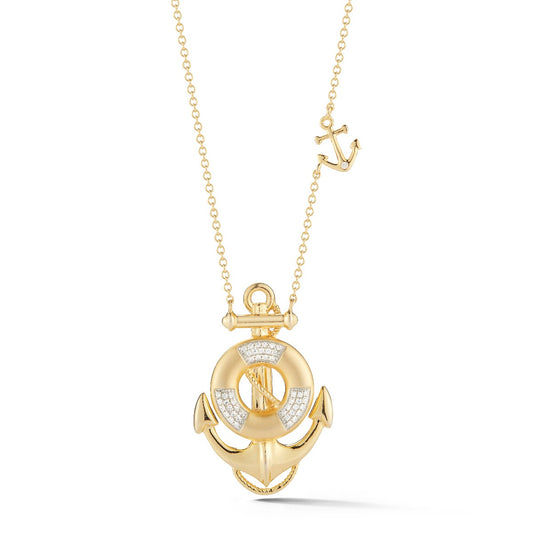 14K UNIQUE LIFE SAVER WITH ANCHOR PENDANT WITH 45 DIAMONDS 0.15CT AND DELICATE SMALL ANCHOR ON CHAIN. 1 1/4