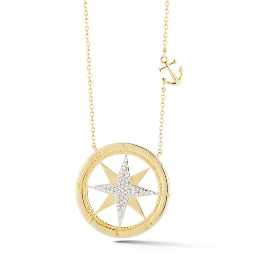 14K COMPASS ROSE PENDANT WITH 60 DIAMONDS 0.20CT AND 1 ANCHOR ON 18 INCHES CABLE CHAIN