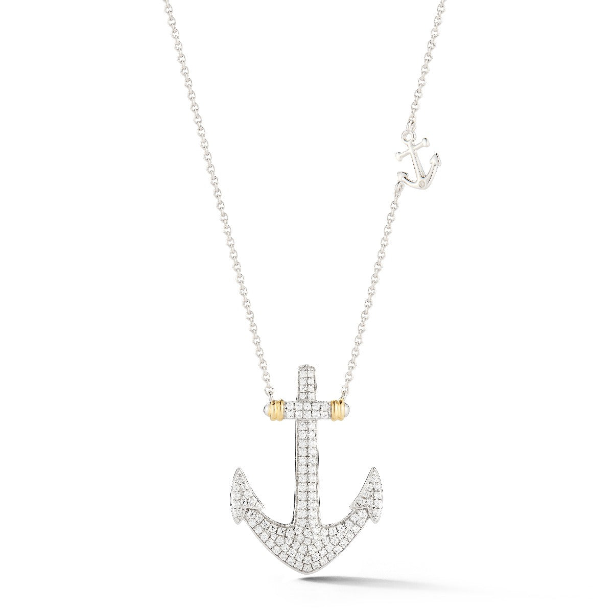 14K DIAMOND PAVE ANCHOR WITH 0.57CT DIAMONDS AND SMALL ANCHOR ON CHAIN.  1 INCH LONG BY 3/4 ON 18 INCHES CHAIN