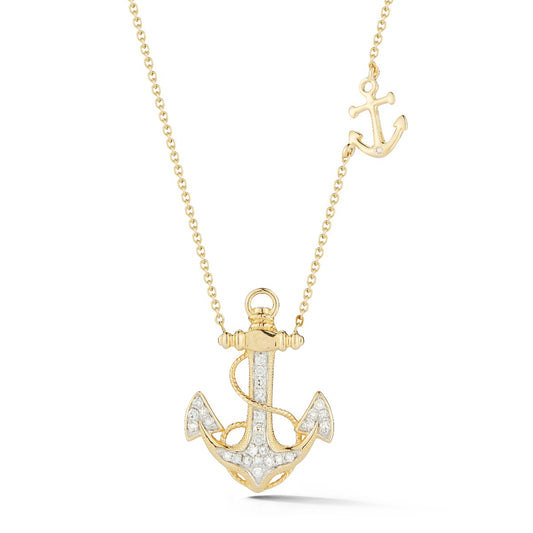 14K DELICATE 3/4 ANCHOR PENDANT WITH 0.16CT DIAMONDS ON 18 INCHES CABLE CHAIN