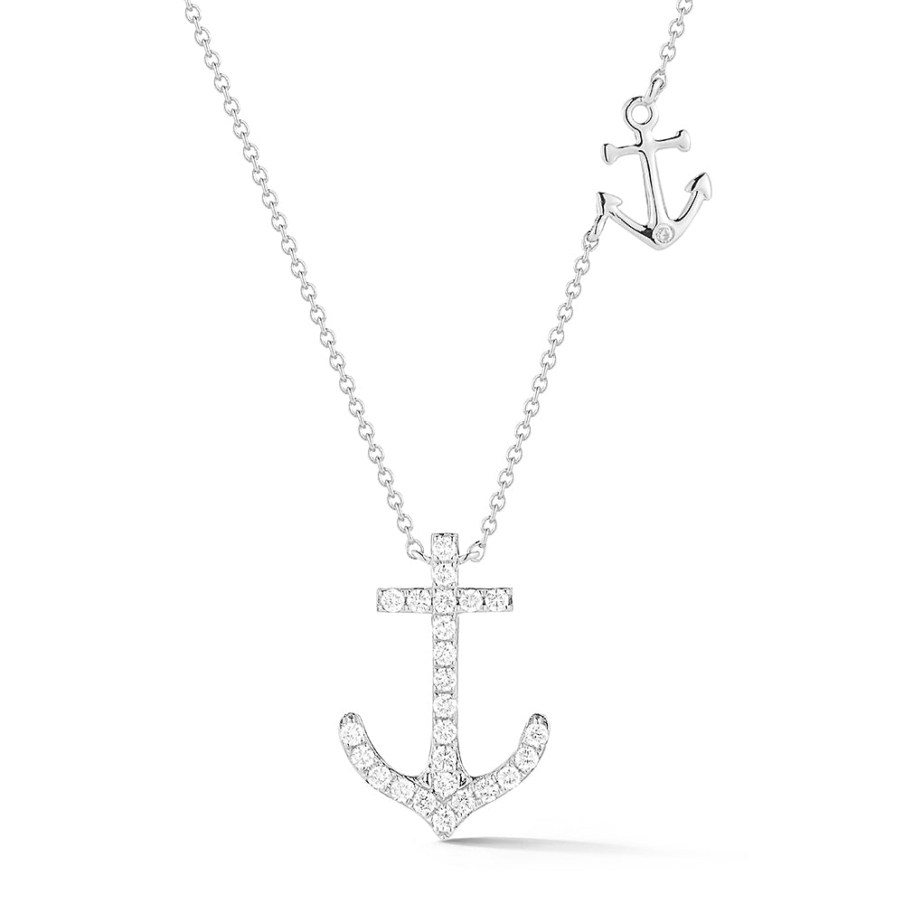 14K DIAMOND 1/2" ANCHOR PENDANT WITH 0.25CT DIAMONDS  AND SMALL ANCHOR SUSPENDED ON 18 INCHES CABLE CHAIN
