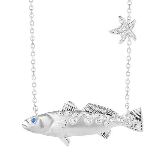 14K FISH NECKLACE 16 DIAMONDS 0.06CT & 11 B.S. 0.055, ON 18 INCH CHAIN