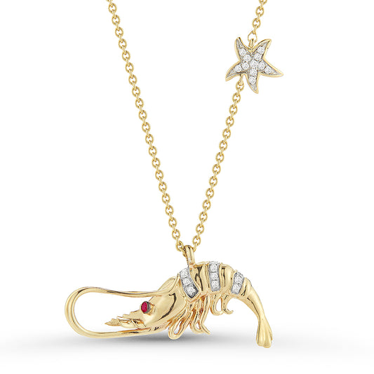 14K LOBSTER PENDANT WITH DIAMONDS 0.08CT & RUBY EYE. WITH SMALL STAR DETAIL ON 18 INCHES CABLE CHAIN