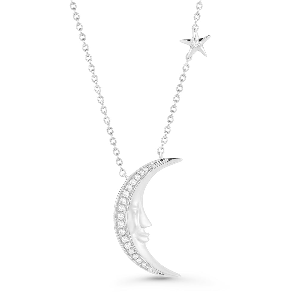 14K CRESCENT MOON NECKLACE WITH 0.06CT DIAMONDS ON 18 INCHES CHAIN