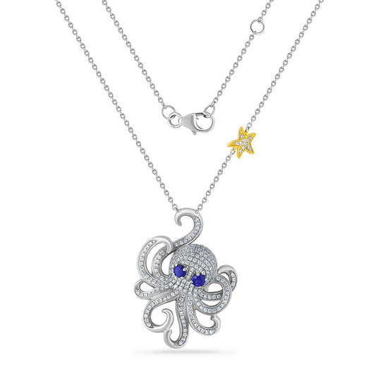 14K GORGEOUS OCTOPUS PENDANT WITH 209 DIAMONDS 0.89CT & 2 BLUE SAPPHIRE EYES 0.35CT. 31MM LONG x 23MM WIDE ON 18 INCHES CABLE CHAIN