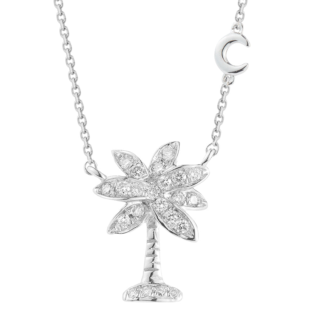 14K PALMETTO TREE WITH 22 DIAMONDS 0.12CT AND SMALL CRESCENT MOON DETAIL ON 18 INCHES CABLE CHAIN