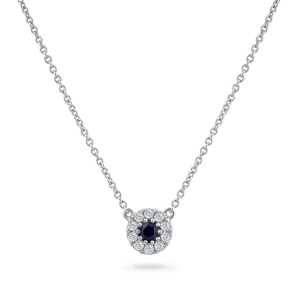 14K NECKLACE ROUND SHAPE SAPPHIRE 0.25CT & 10 DIAMONDS 0.14CT 18 INCHES CHAIN