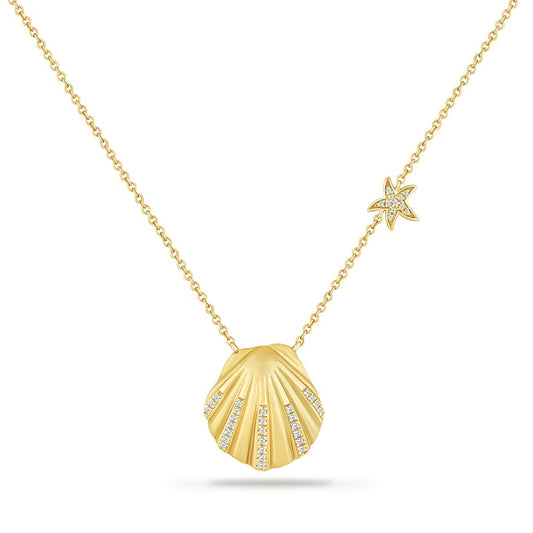 14K SEASHELL NECKLACE WITH 38 DIAMONDS 0.25CT 18 INCHES CABLE CHAIN