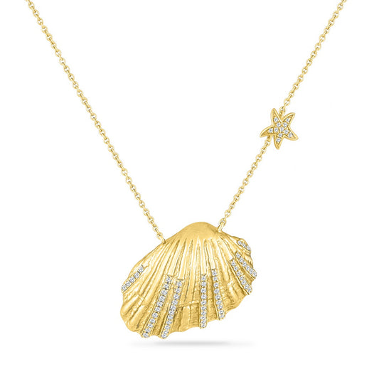 14K SEASHELL NECKLACE  WITH 73 DIAMONDS 0.32CT,  25MM X19MM ON 18 INCHES CABLE CHAIN