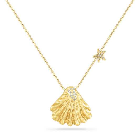 14K SHELL NECKLACE WITH 22 DIAMONDS 0.12CT, 19MMX19MM ON 18 INCHES CABLE CHAIN