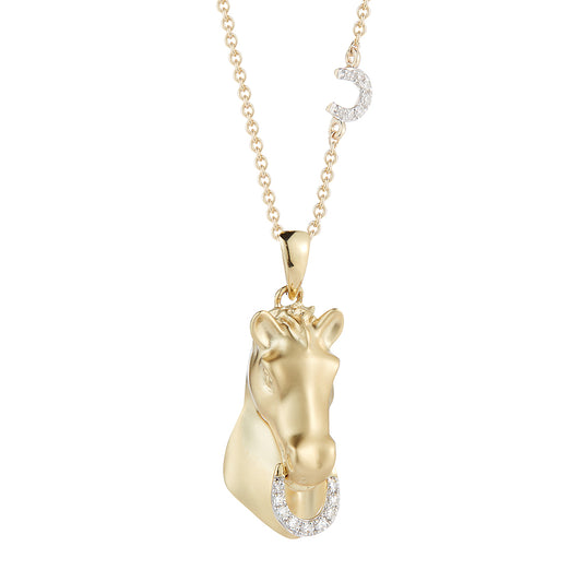 14K HORSE HEAD PENDANT WITH 16 DIAMONDS 0.05CT ON 18 INCHES CABLE CHAIN
