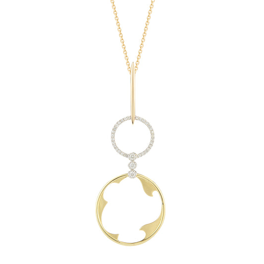 14K DOUBLE CIRCLE NECKLACE WITH 33 DIAMONDS 0.13CT ON 18 INCHES CHAIN