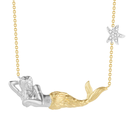 14K TWO TONE GOLD RESTING MERMAID PENDANT. WITH ACCENT OF STARFISH ON CHAIN WITH 11 DIAMONDS 0.03CT, 37MM LONG ON 18 INCHES CABLE CHAIN