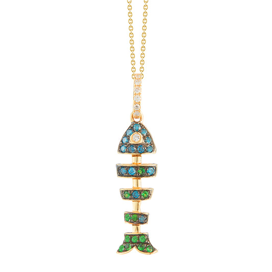 14K FISH BONE NECKLACE WITH 7 DIAMONDS 0.05CT, 14 BLUE DIAMONDS 0.13CT, 12 GREEN GARNETS 0.11CT ON 18 INCHES CABLE CHAIN