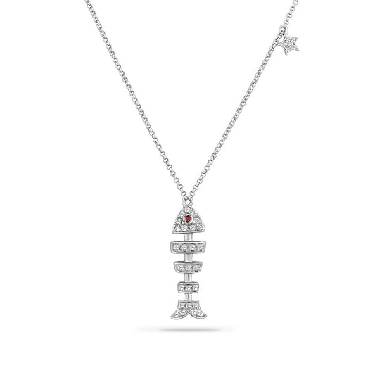 14K FISH BONE PENDANT WITH 32 DIAMONDS 0.23CT, 1 BLACK DIAMOND 0.01CT ON 18 INCHES CABLE CHAIN