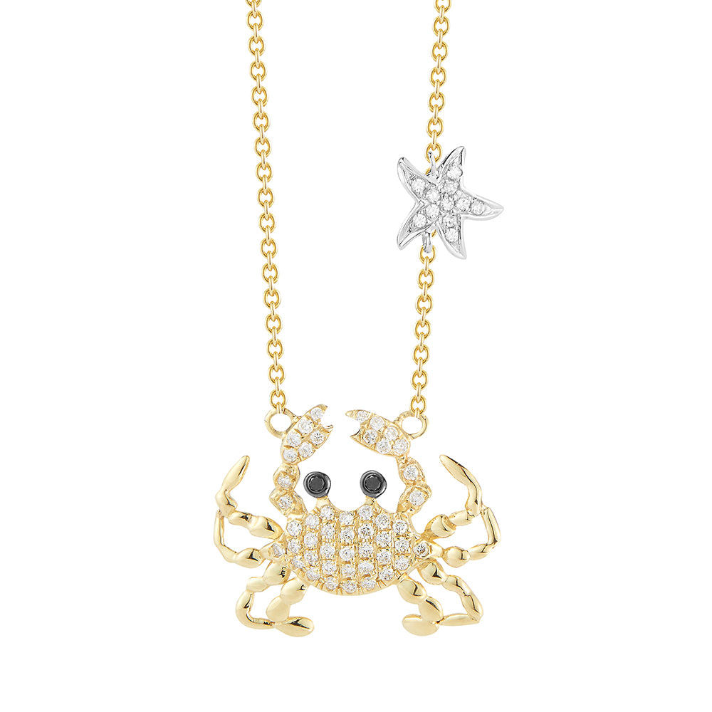 14K CRAB PENDANT WITH 58 DIAMONDS 0.28CT & 2 BLACK DIAMONDS 0.02CT WITH SMALL STAR DETAIL SUSPENDED ON 18 INCHES CABLE CHAIN