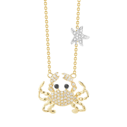 14K CRAB PENDANT WITH 58 DIAMONDS 0.28CT & 2 BLACK DIAMONDS 0.02CT WITH SMALL STAR DETAIL SUSPENDED ON 18 INCHES CABLE CHAIN