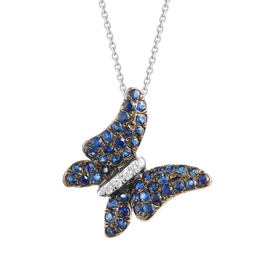 14K BEAUTIFUL BUTTERFLY NECKLACE 48 SAPPHIRES 0.51CT & 4 DIAMONDS 0.02CT ON 18 INCHES CHAIN