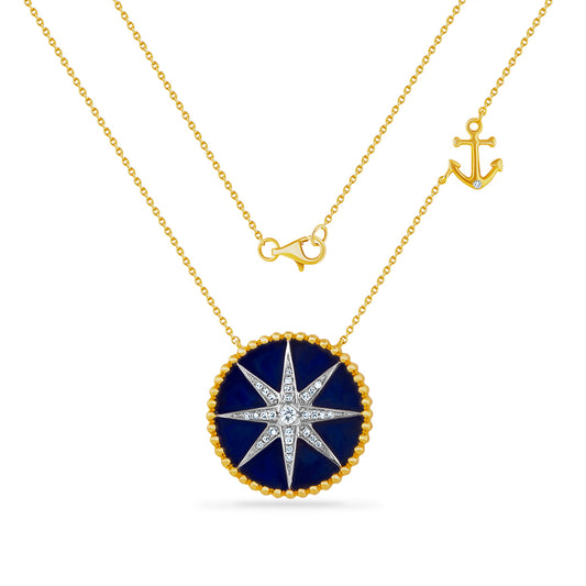 14K LAPIS COMPASS NECKLACE WITH 30 DIAMONDS 0.13CT 20MM