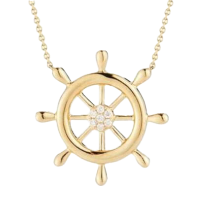 SHIPS WHEEL 20MM SET WITH DIAMONDS 0.08CT SUSPENDED, 22MM ON 18 INCHES CHAIN WITH A LITTLE ANCHOR