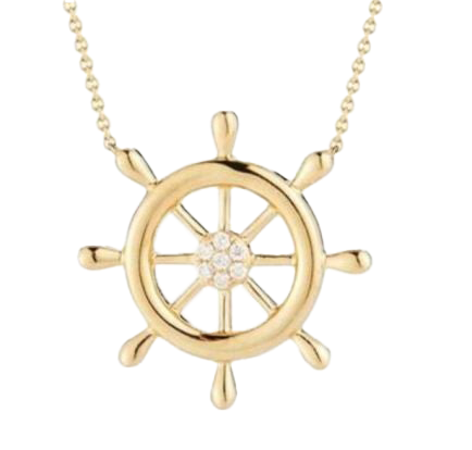 14K SHIPS WHEEL PENDANT WITH DIAMONDS 0.08CT AND A LITTLE ANCHOR, 20MM SUSPENDED ON 18 INCHES CABLE CHAIN