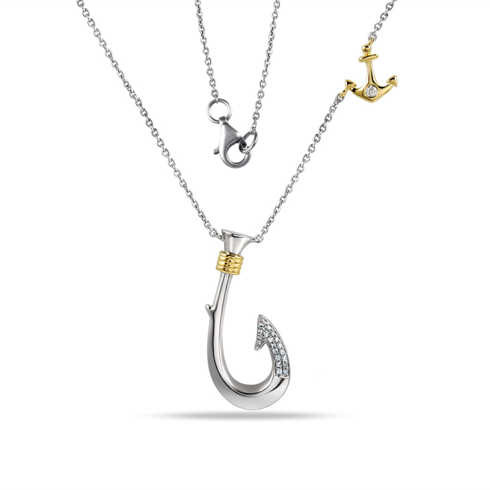 14K FISH HOOK PENDANT 20 DIAMONDS 0.07CT WITH SMALL ANCHOR ON CHAIN 1 1/4" LONG