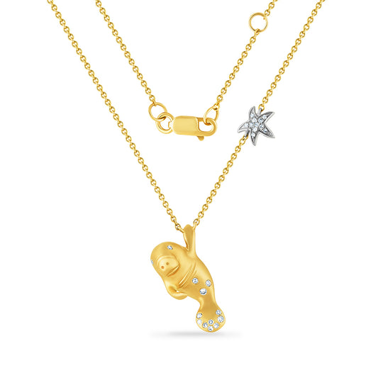 14K ADORABLE MANATEE PENDANT AND STARFISH ON CHAIN WITH 24 DIAMONDS 0.11CT, 18MM LONG