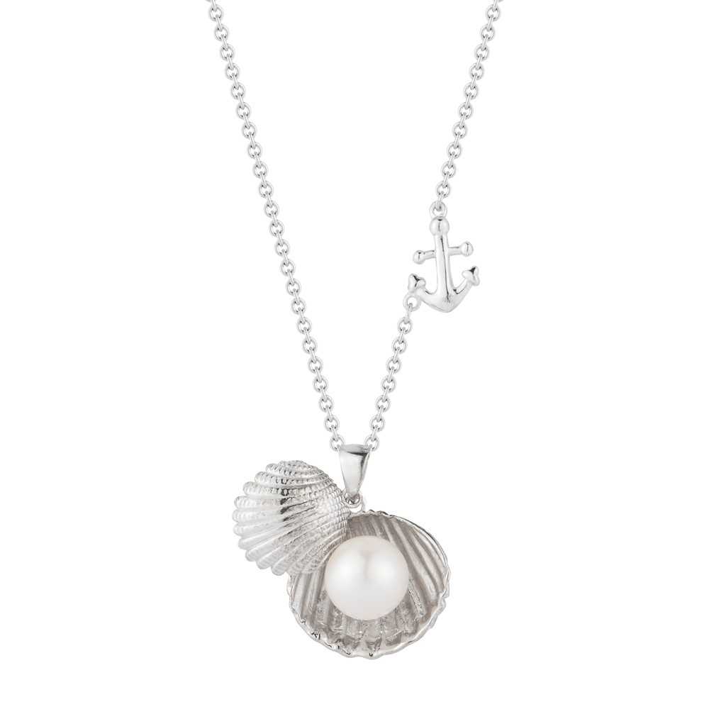 STERLING SILVER SEA SHELL WITH PEARL PENDANT ON 18" CABLE CHAIN