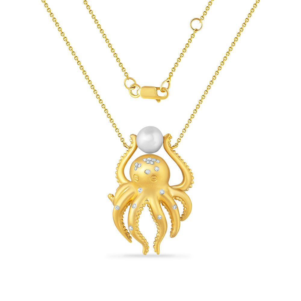 14K OCTOPUS NECKLACE WITH 30 DIAMONDS 0.12CT & CULTURED PEARL 30MM LONG X 20MM WIDE ON 18 INCHES CHAIN