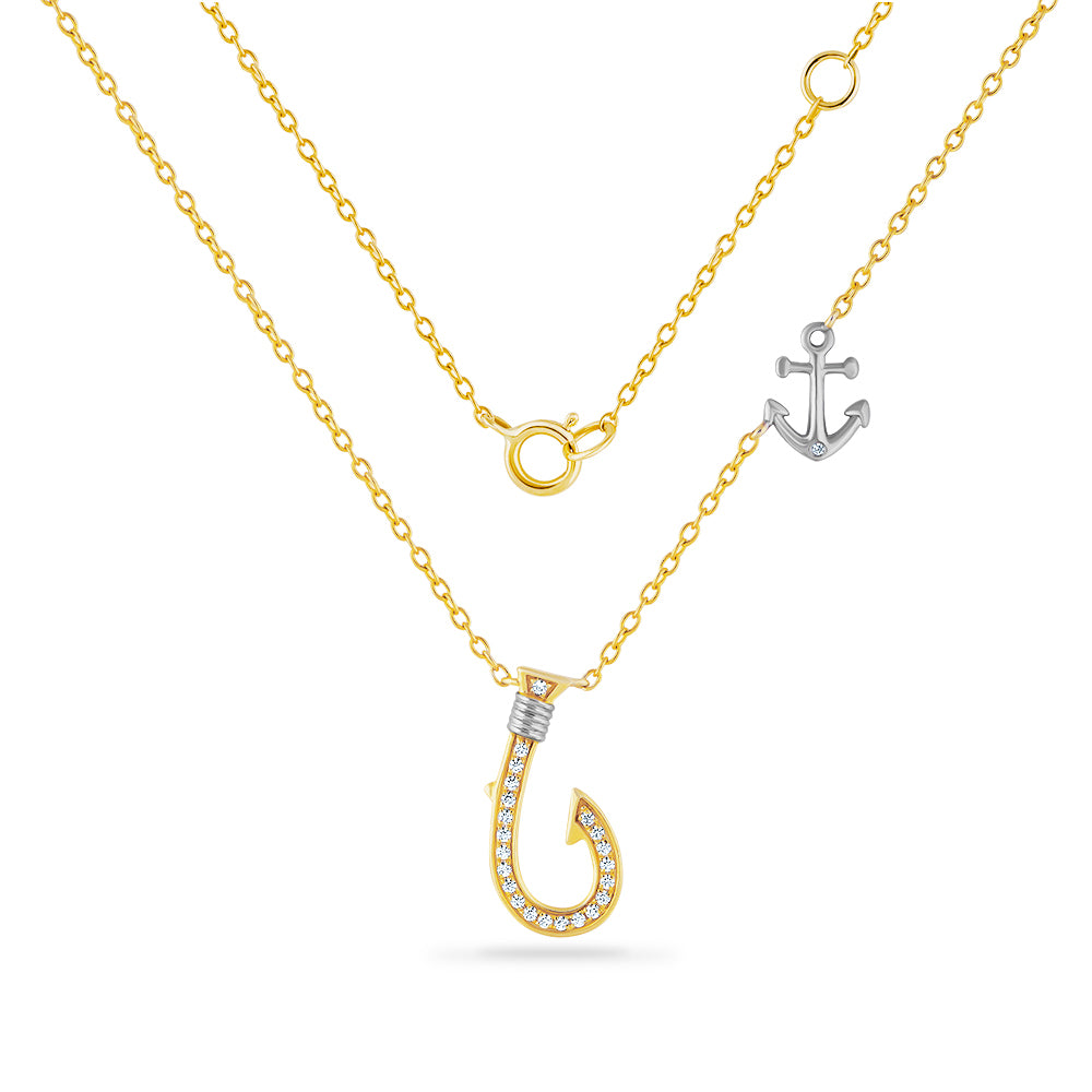 14K FISH HOOK NECKLACE WITH ANCHOR DETAIL ON CHAIN 23 DIAMONDS 0.10CT 17MM LONG