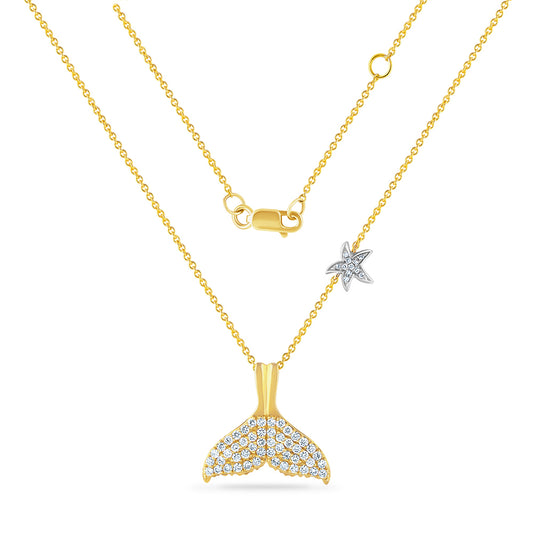 14K WHALE TAIL NECKLACE WITH 61 DIAMONDS 0.59CT 21MM LONG X 24MM WIDE ON 18 INCHES CHAIN