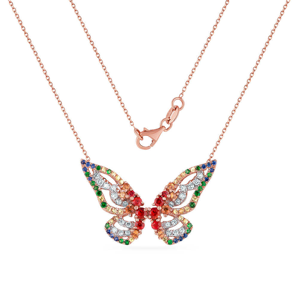 BEAUTIFUL BUTTERFLY NECKLACE WITH 24 DIAMONDS 0.29CT, 54 FANCY COLOR SAPPHIRE 1.11CT & 20 GREEN GARNET 0.17CT 21MM LONG X 31MM WIDE ON 18 INCHES CHAIN