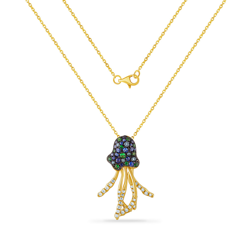 BEAUTIFUL 14K JELLYFISH NECKLACE WITH 18 SAPPHIRES 0.22CT & 35 DIAMONDS 0.18CT 25MM LONG