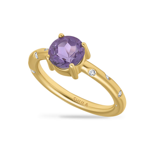 14K RING WITH 6 DIAMONDS 0.075CT & 7MM RD SEMI-PRECIOUS IN CENTER