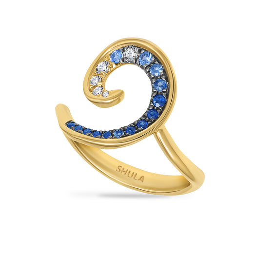 14K WAVE RING WITH 7 DIAMONDS 0.10CT & 14 SAPPHIRES 0.21CT
