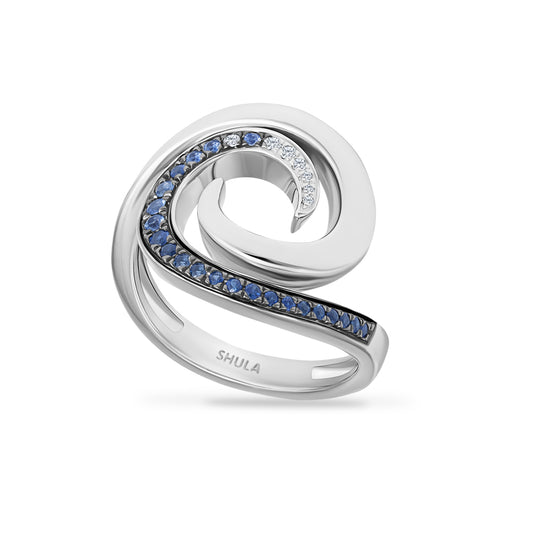 14K WAVE RING WITH 22 SAPPHIRES 0.19CT & 7 DIAMONDS 0.03CT