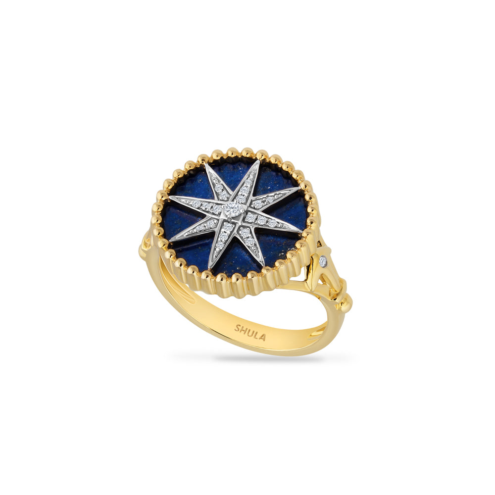 14K ROUND LAPIS COMPASS ROSE RING SET 16MM WITH  22 DIAMONDS0.08CT AND 2 ANCHORS ON EACH SIDE OF THE SHANK