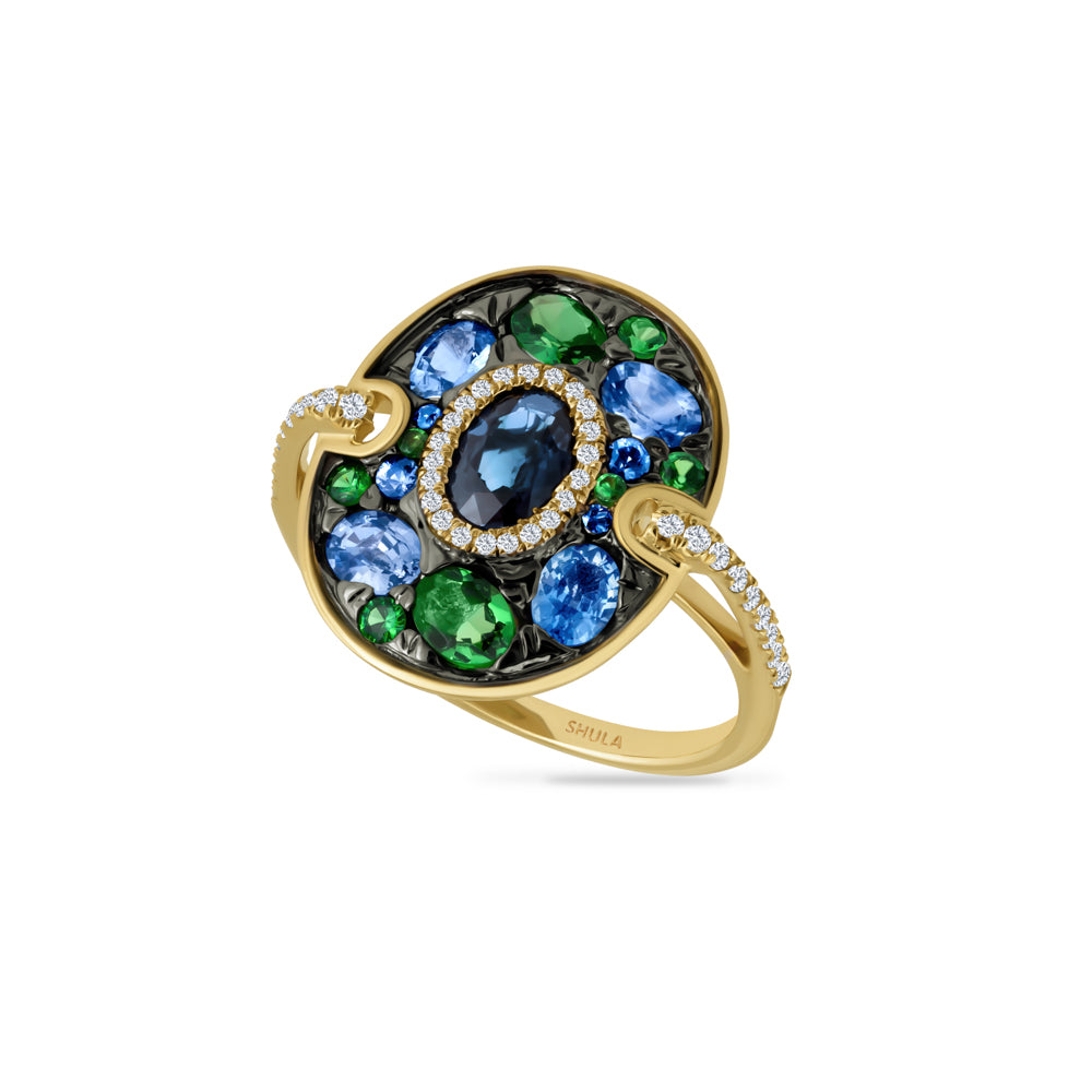 14K DIAMOND RING WITH DIAMONDS, OVAL SAPPHIRES AND GREEN GARNETS
