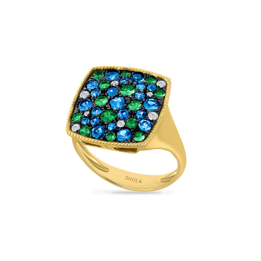 14K COLOR STONE RING WITH 8 DIAMONDS 0.09CT, 21 ROUND SAPPHIRES 1.15CT AND 14 ROUND GREEN GARNET 0.57CT