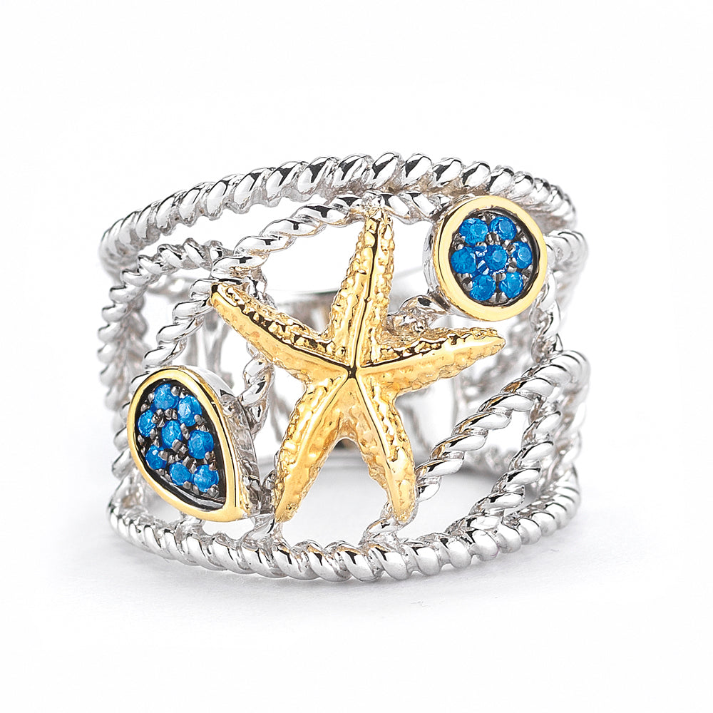 Sterling Silver and 14K Yellow Gold Starfish Ring with Sapphires 3/4" wide on top
