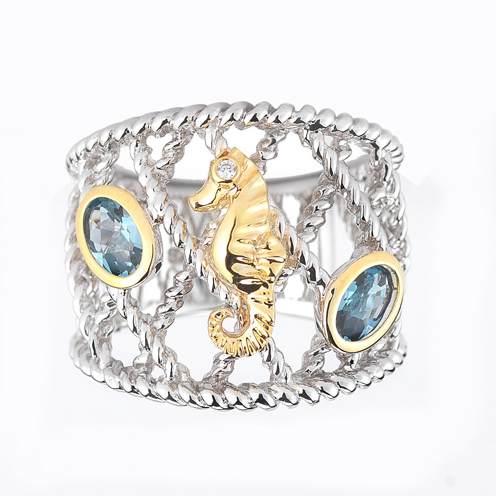 STERLING SILVER RING WITH 14K SEA HORSE, DIAMONDS AND SEMI PRECIOUS STONES 3/4" WIDE ON TOP