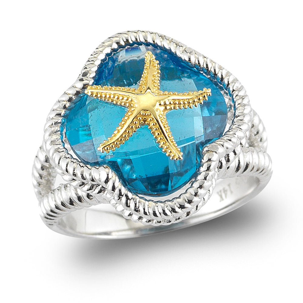STERLING SILVER RING WITH 14K STARFISH ON BLUE TOPAZ 1/2" WIDE ON TOP