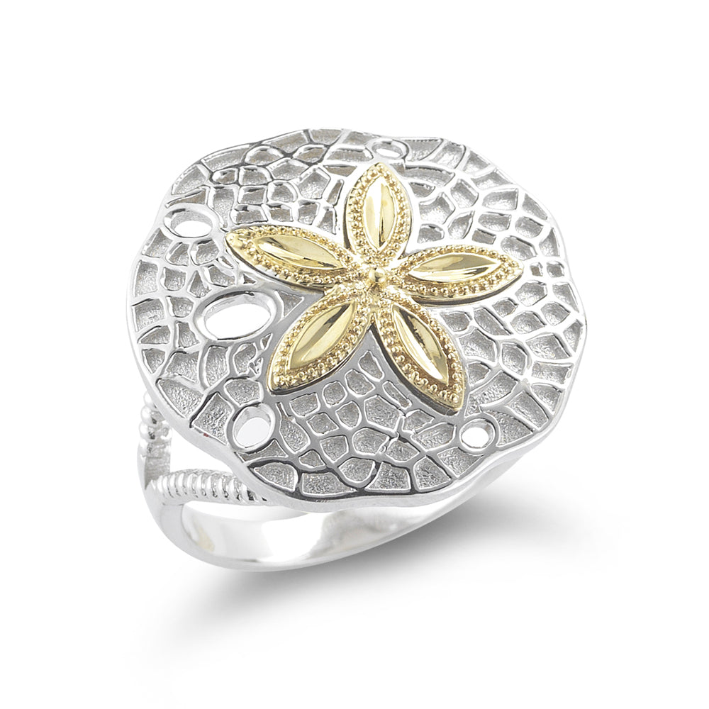 STERLING SILVER RING WITH 14K SAND DOLLAR STARFISH 3/4" WIDE ON TOP