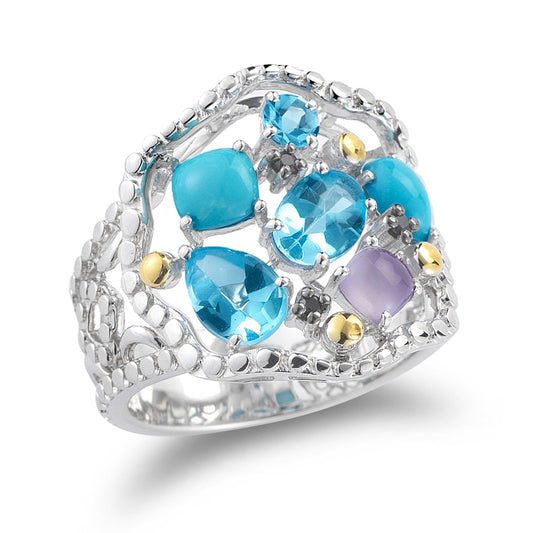 STERLING SILVER AND 14K YELLOW GOLD ACCENT RING WITH PRECIOUS AND SEMI-PRECIOUS STONES